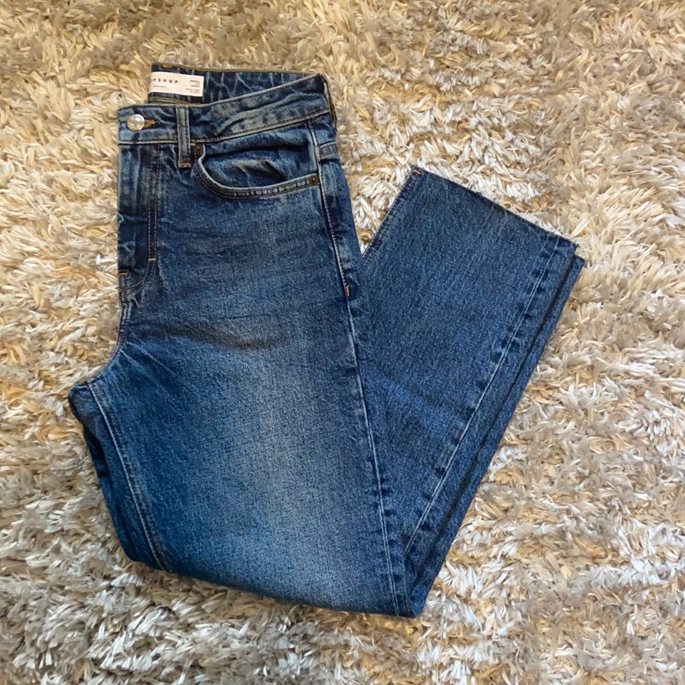 Topshop Straight Leg Jeans in Dark Blue Denim